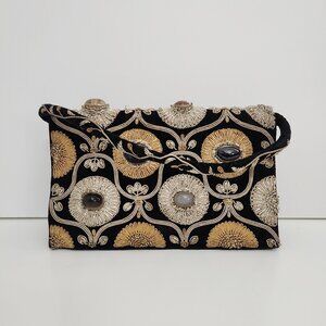 Vintage Evening Bag Jewel Beaded Black Ember Stones Embroidered 60's Clutch